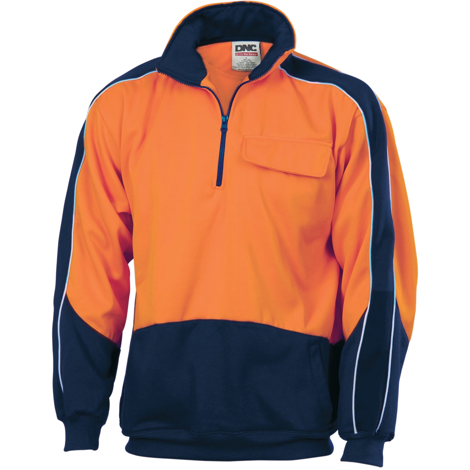 HiVis Two Tone 1/2 Zip Hi-Neck Panel Fleecy Windcheater - Orange/Navy