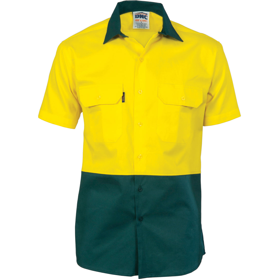 HiVis Two Tone Cotton Drill Shirt - Short Sleeve - Yellow/Bottle Green