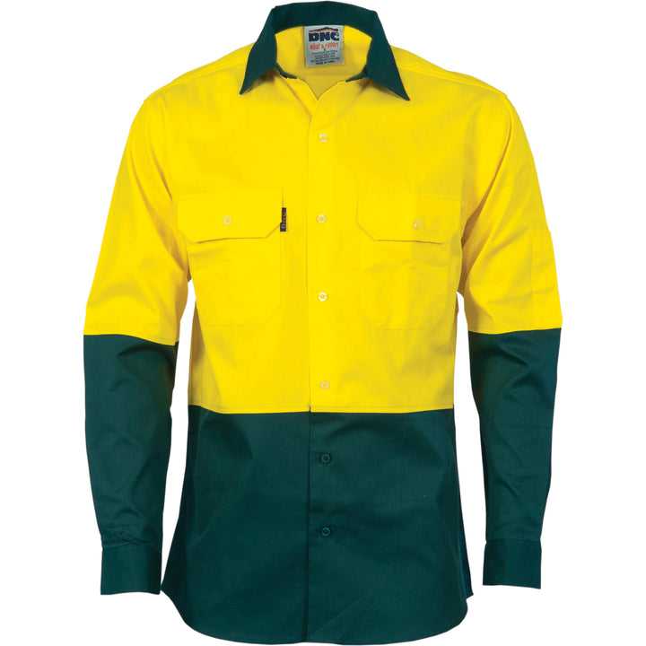 HiVis Two Tone Cotton Drill Shirt - Long Sleeve - Yellow/Bottle Green