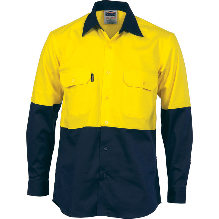 HiVis Two Tone Cotton Drill Shirt - Long Sleeve - Yellow/Navy