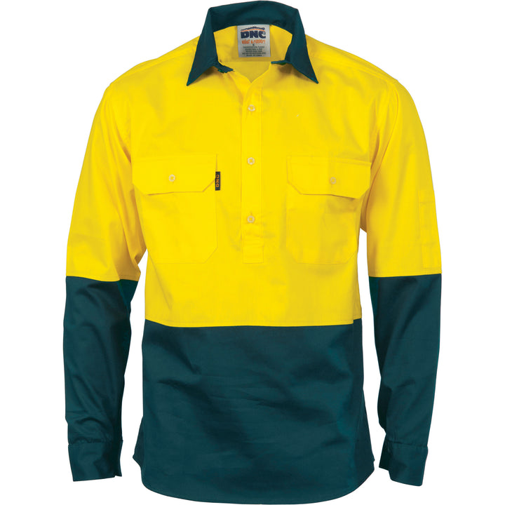 HiVis Two Tone Close Front Cotton Drill Shirt with Gusset Sleeve - Long Sleeve - Yellow/Bottle Green
