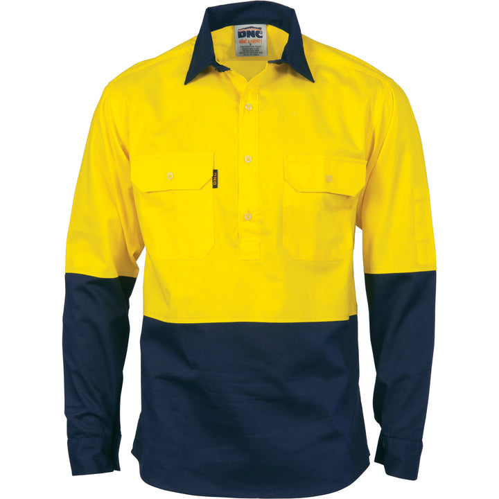 HiVis Two Tone Close Front Cotton Drill Shirt with Gusset Sleeve - Long Sleeve