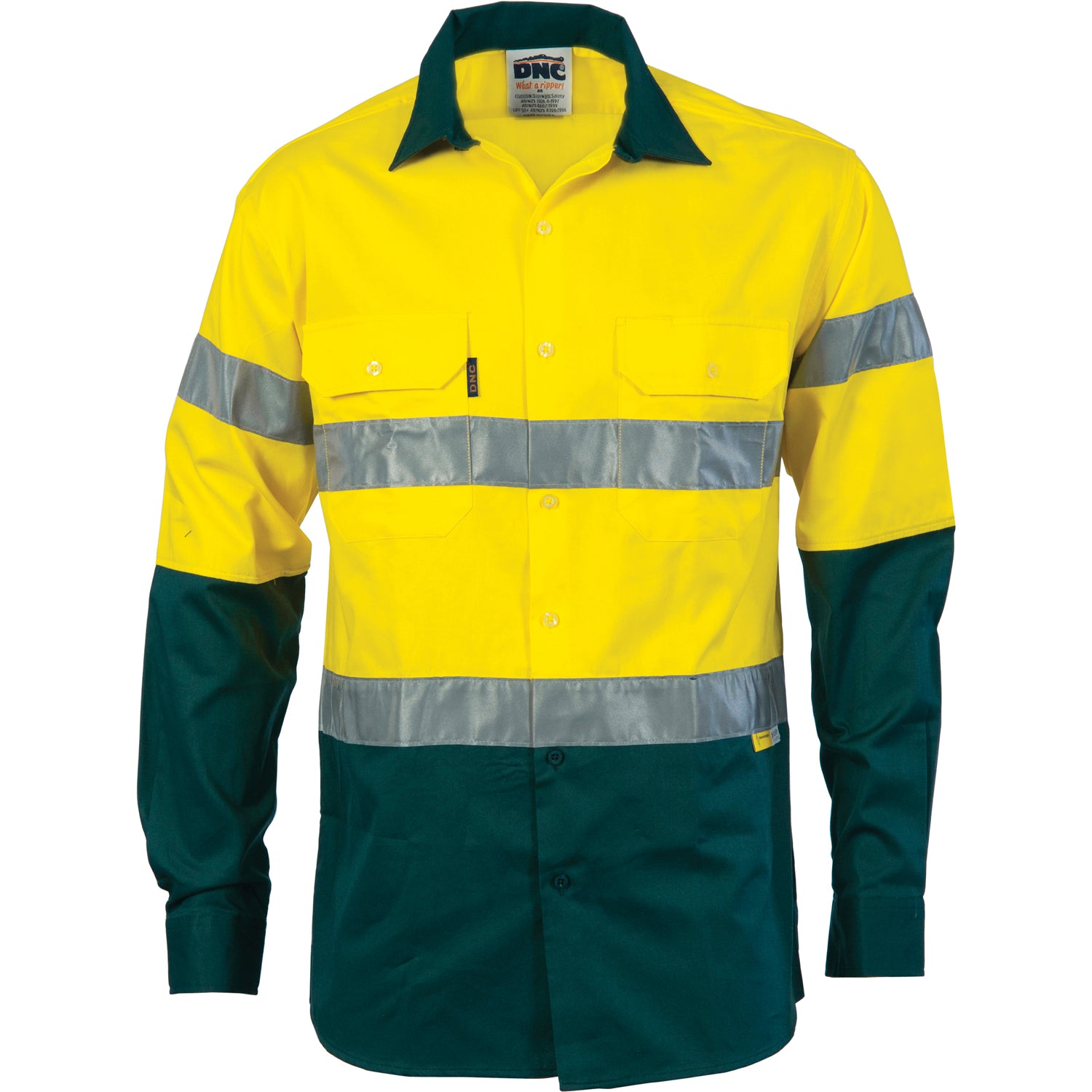 HiVis Two Tone Drill Shirt with 3M 8910 R/Tape - Long Sleeve - Yellow/Bottle Green