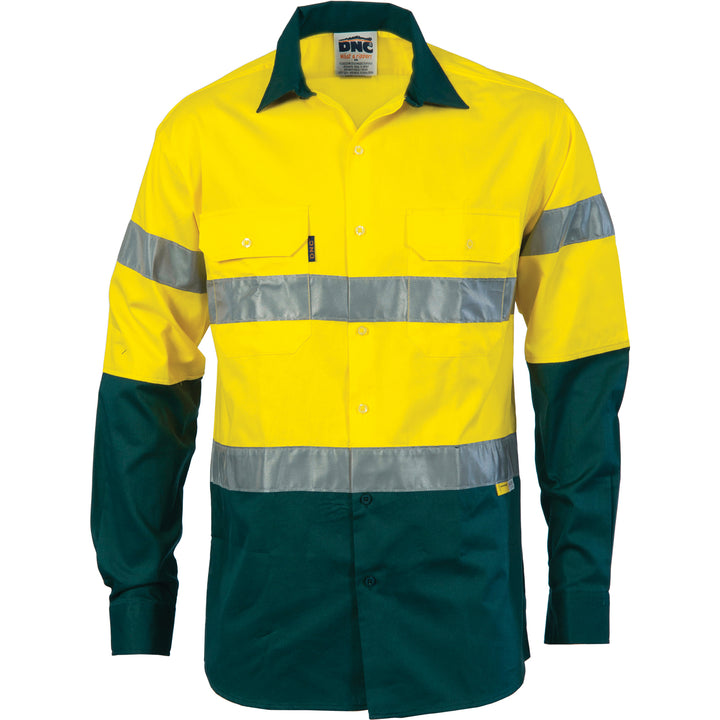 HiVis Two Tone Drill Shirt with 3M 8910 R/Tape - Long Sleeve - Yellow/Bottle Green