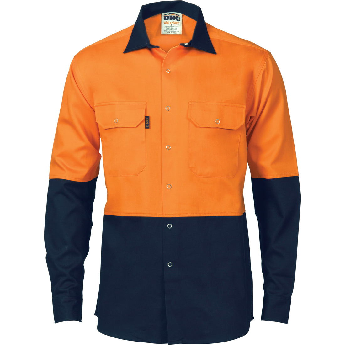 HiVis Two Tone Drill Shirt with Press Studs - Orange/Navy