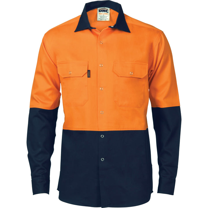 HiVis Two Tone Drill Shirt with Press Studs - Orange/Navy