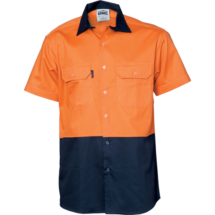 HiVis Two Tone Cool-Breeze Cotton Shirt - Short Sleeve - Orange/Navy