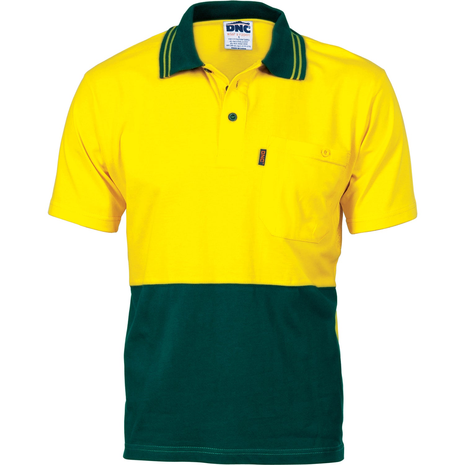 HiVis Cool-Breeze Cotton Jersey Polo Shirt with Under Arm Cotton Mesh - S/S - Yellow/Bottle Green