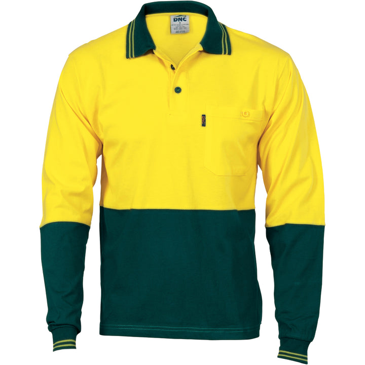 HiVis Cool-Breeze Cotton Jersey Polo Shirt with Under Arm Cotton Mesh - L/S - Yellow/Bottle Green