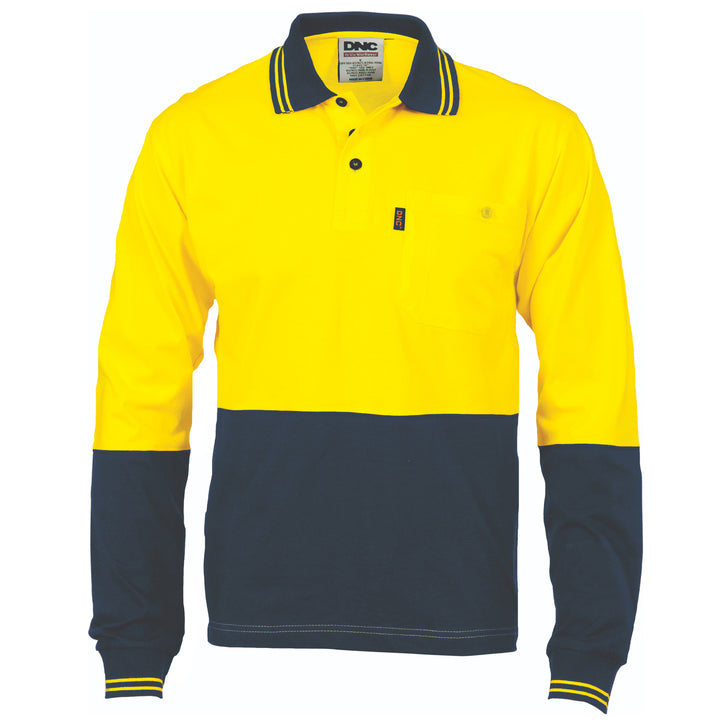 HiVis Cool-Breeze Cotton Jersey Polo Shirt with Under Arm Cotton Mesh - L/S - Yellow/Navy