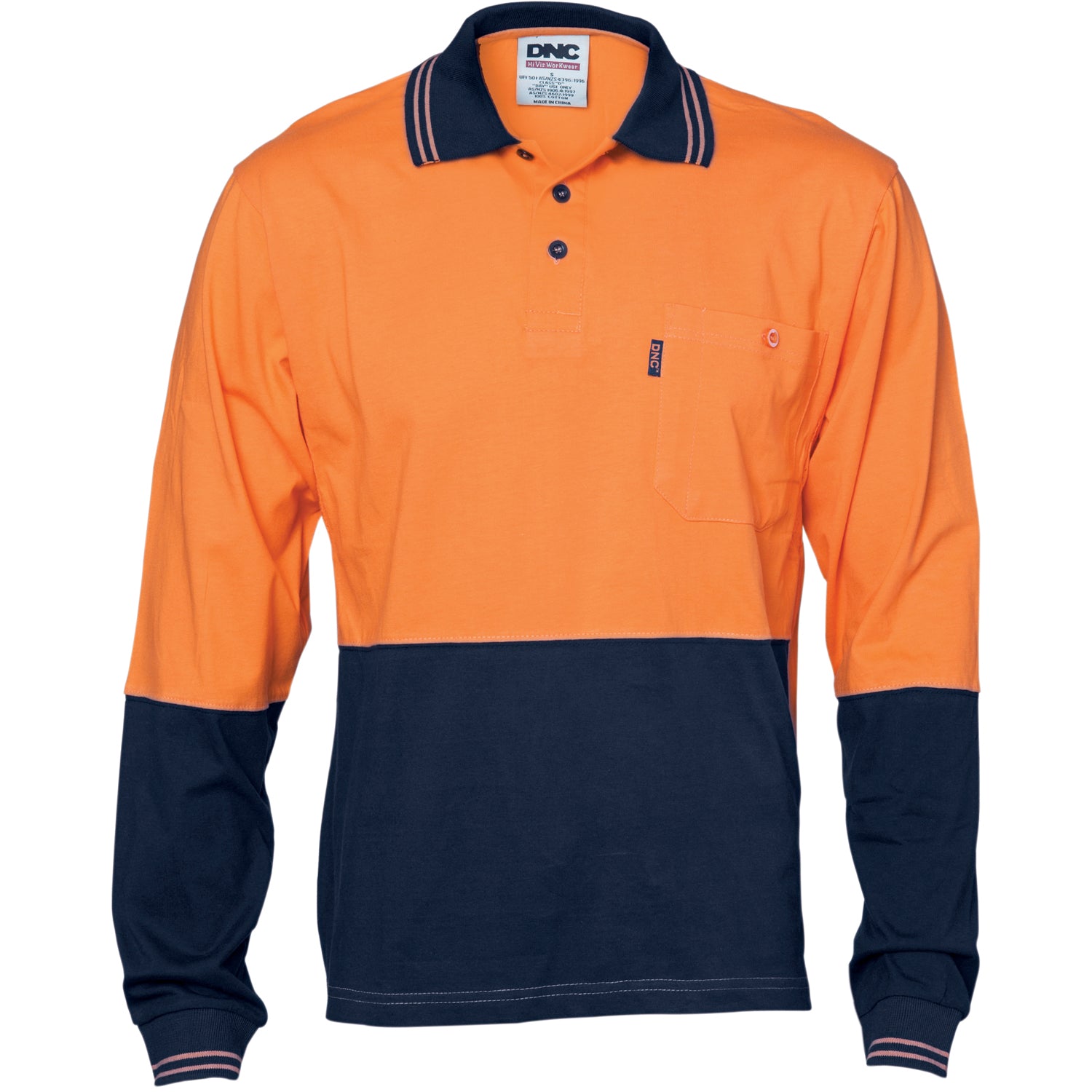 HiVis Cool-Breeze Cotton Jersey Polo Shirt with Under Arm Cotton Mesh - L/S - Orange/Navy