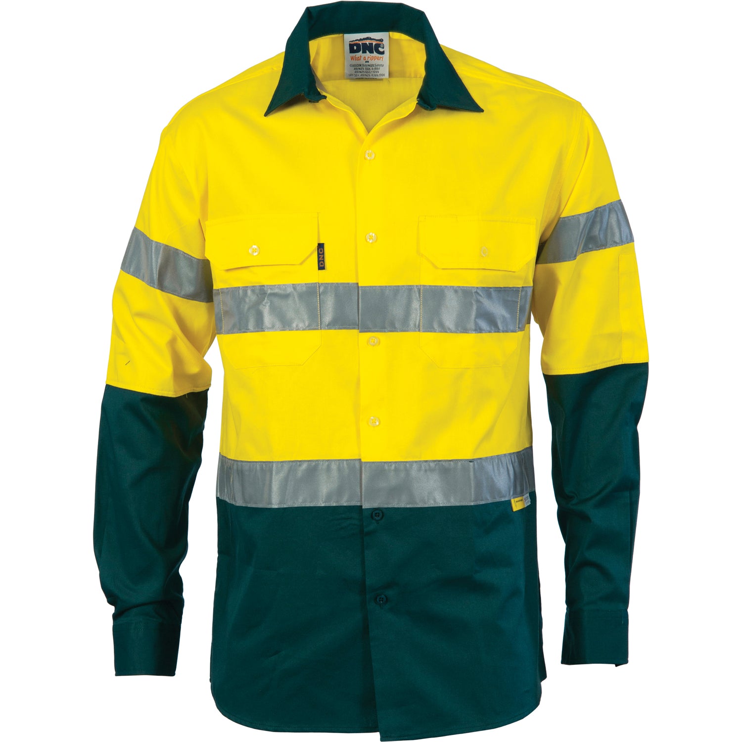 HiVis Cool-Breeze Cotton Shirt with 3M 8910 R/Tape - Long sleeve - Yellow/Bottle Green