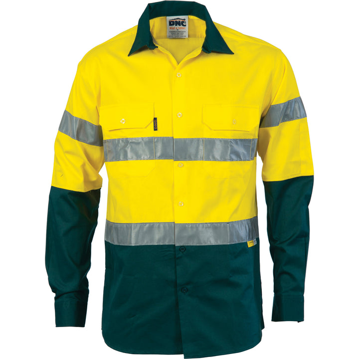 HiVis Cool-Breeze Cotton Shirt with 3M 8910 R/Tape - Long sleeve - Yellow/Bottle Green
