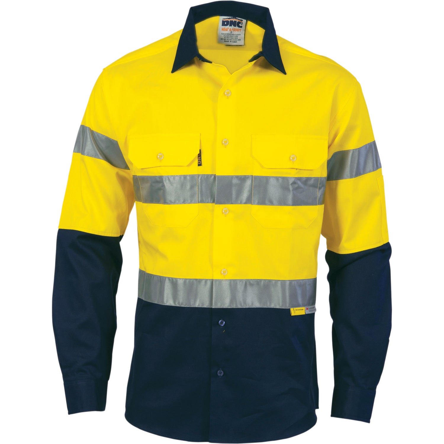 HiVis Cool-Breeze Cotton Shirt with 3M 8910 R/Tape - Long sleeve - Yellow/Navy
