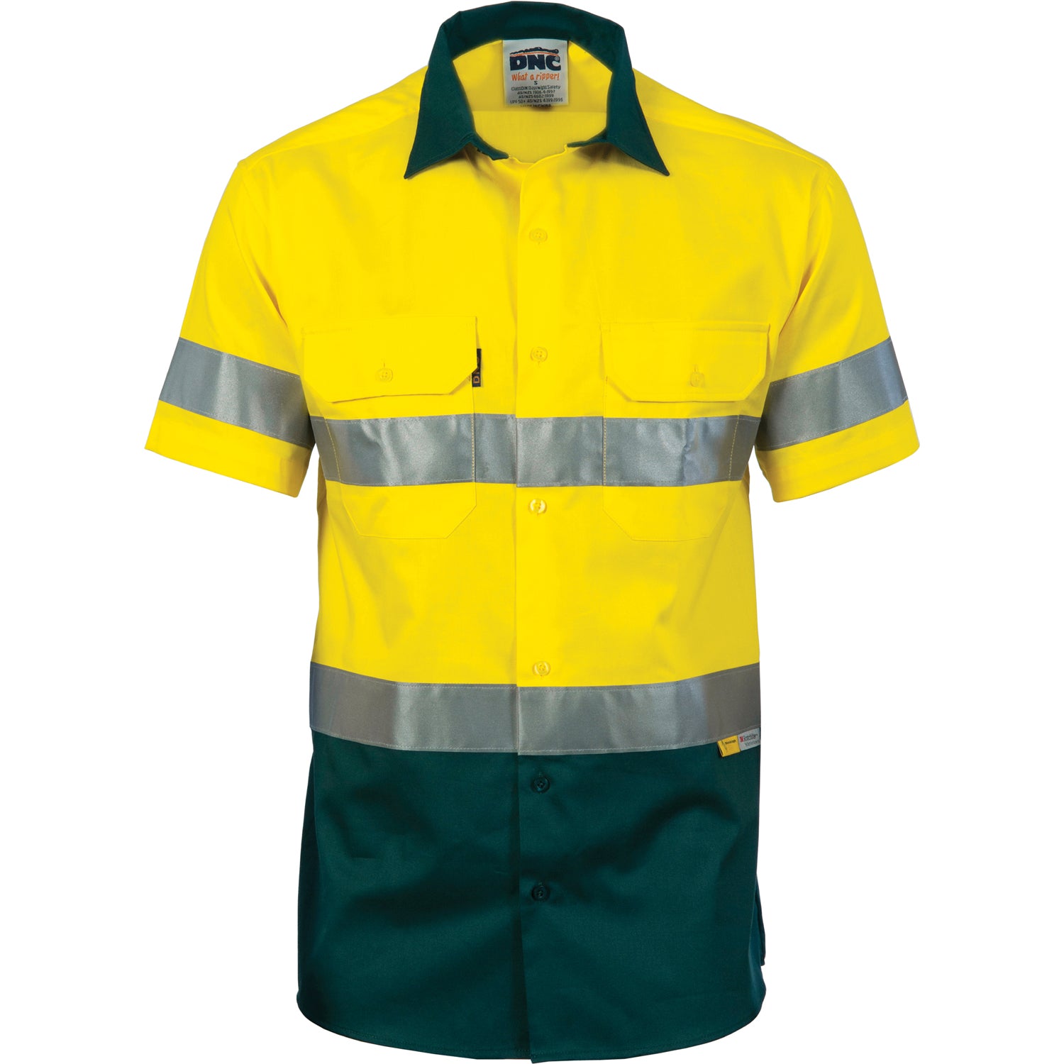 HiVis Cool-Breeze Cotton Shirt with CSR R/Tape - Short sleeve - Yellow/Bottle Green