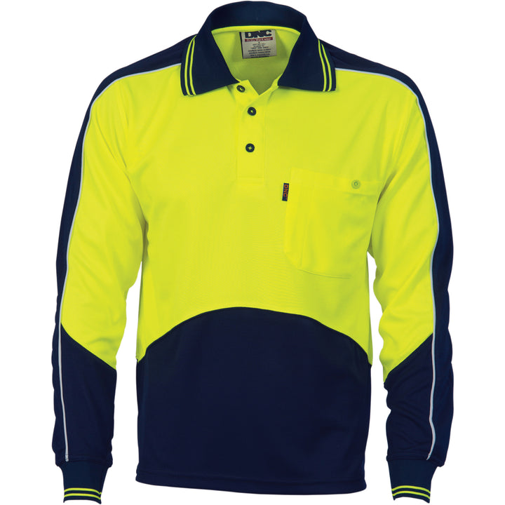 HiVis Cool-Breathe Panel Polo Shirt - Long Sleeve - Yellow/Navy