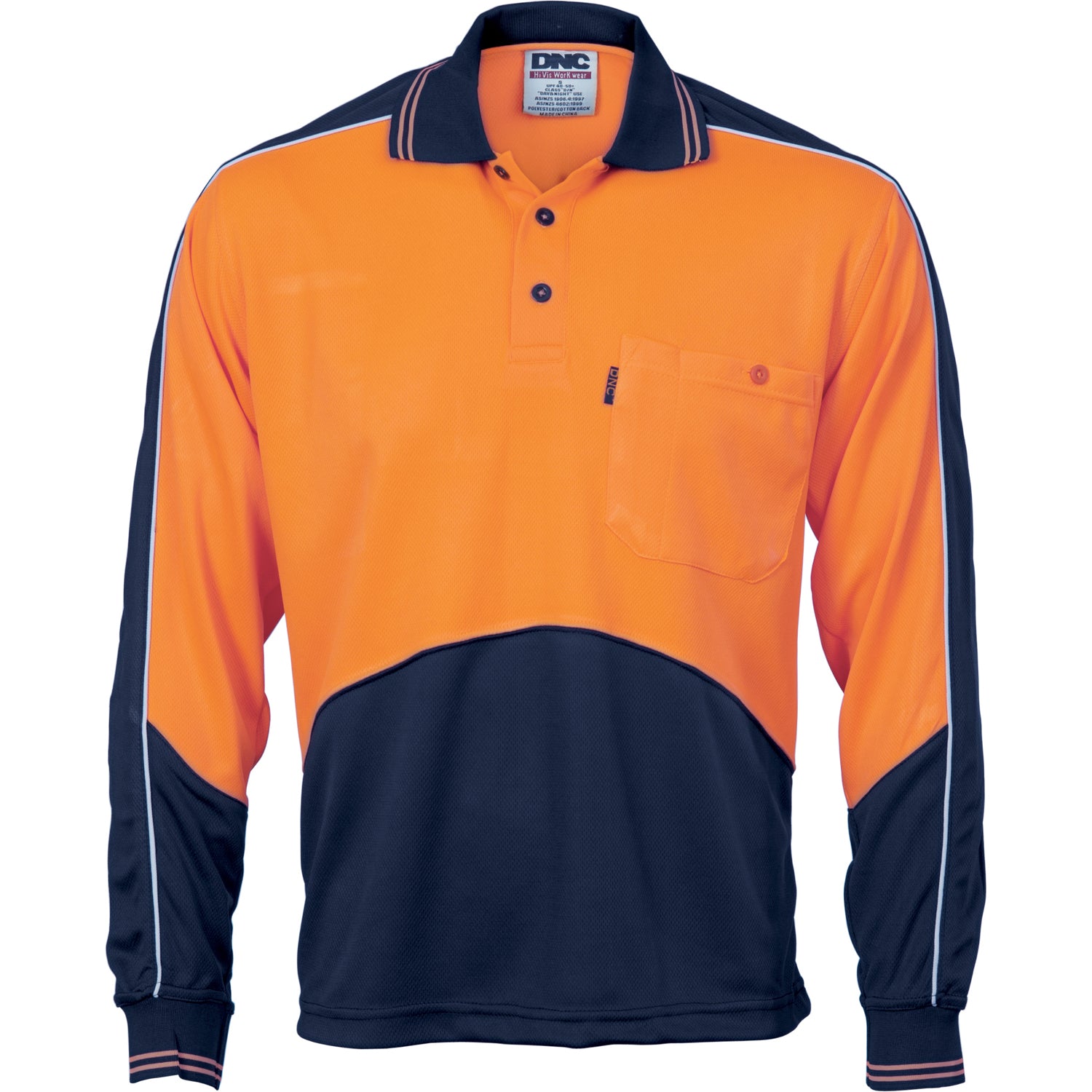 HiVis Cool-Breathe Panel Polo Shirt - Long Sleeve - Orange/Navy