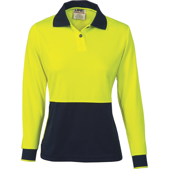 Ladies HiVis Two Tone Polo Shirt - Long Sleeve - Yellow/Navy