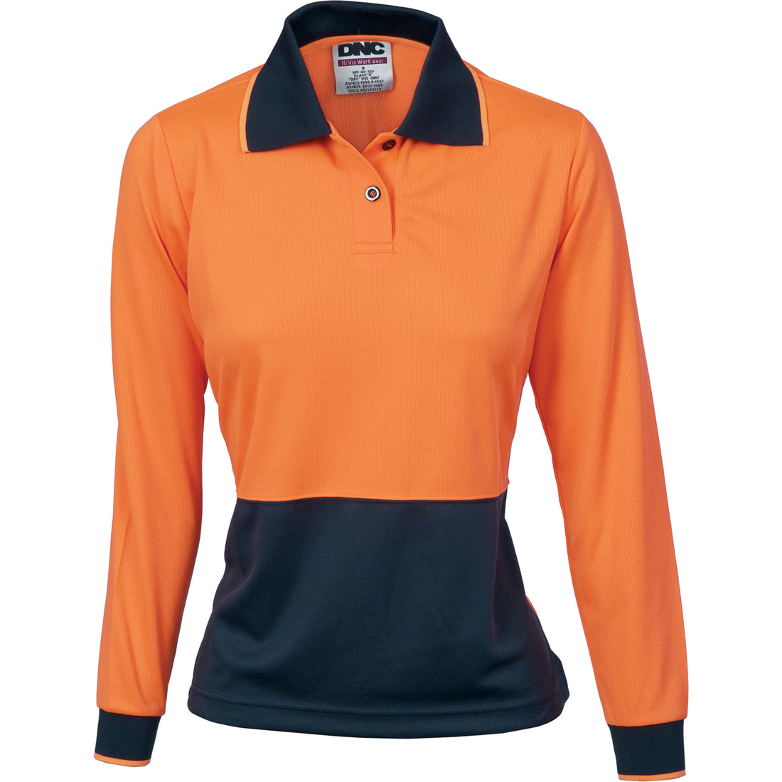 Ladies HiVis Two Tone Polo Shirt - Long Sleeve - Orange/Navy