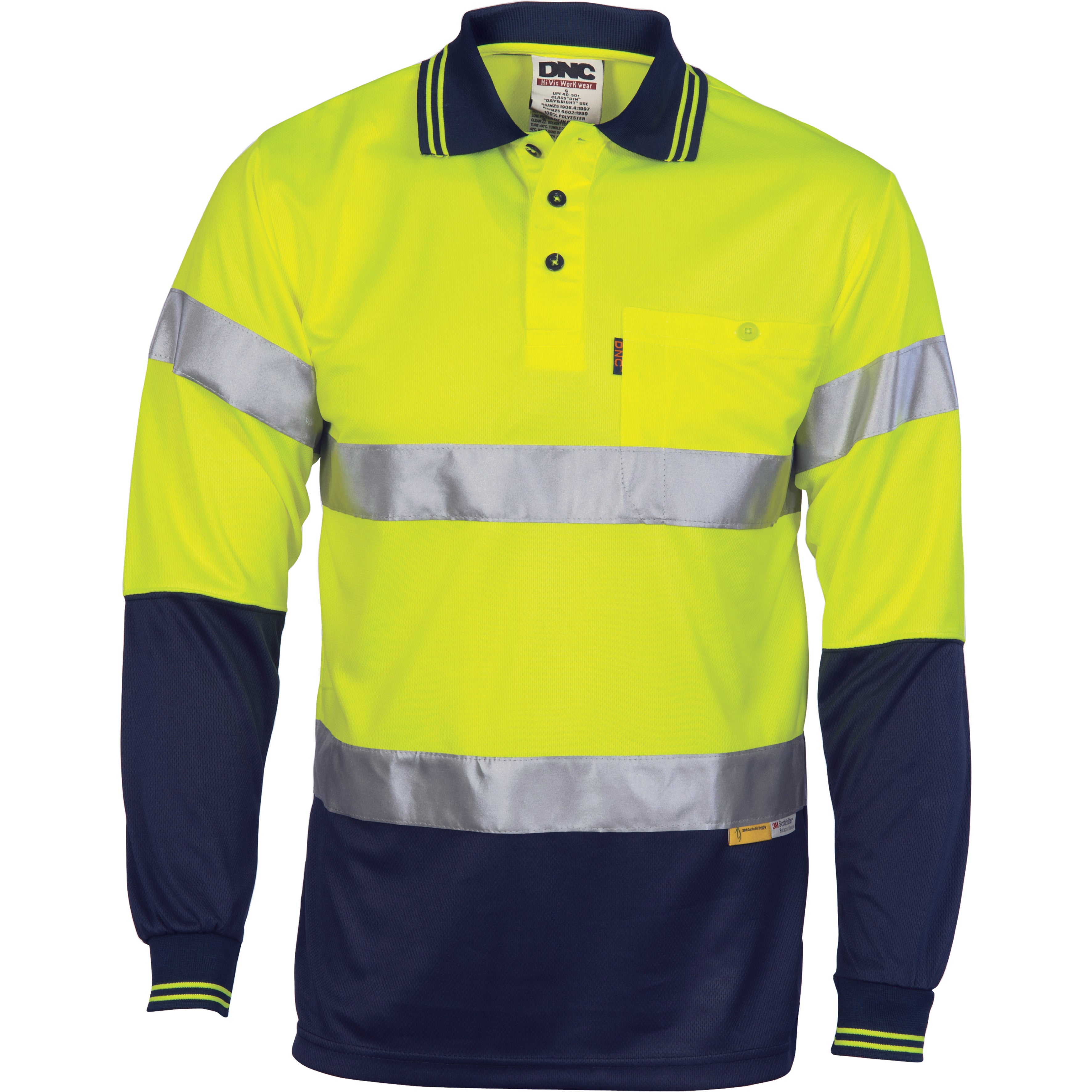 HiVis D/N Cool-Breathe Polo Shirt with 3M 8906 R/Tape - Long Sleeve - Yellow/Navy