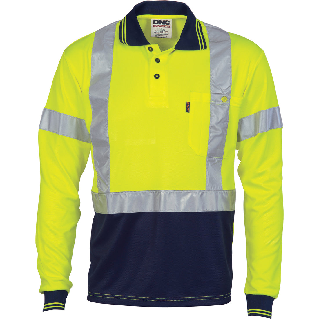 HiVis D/N Cool-Breathe Polo Shirt "X" Back CSR R/Tape - Long Sleeve - Yellow/Navy