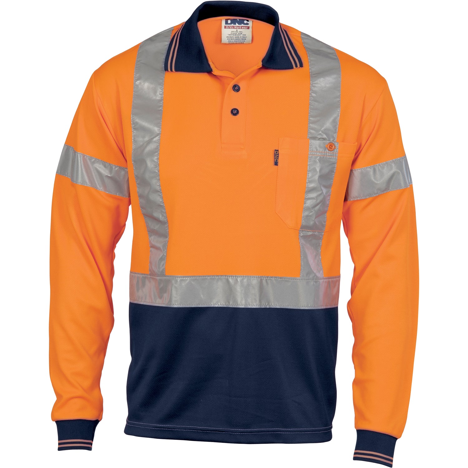 HiVis D/N Cool-Breathe Polo Shirt "X" Back CSR R/Tape - Long Sleeve - Orange/Navy
