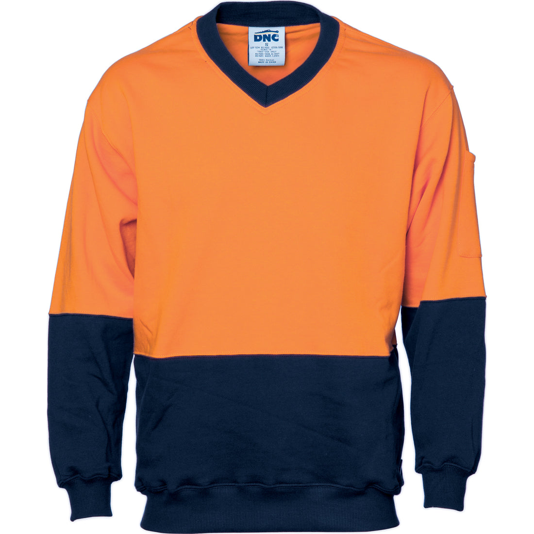 HiVis Two Tone Cotton Fleecy Sweatshirt V-Neck - Orange/Navy