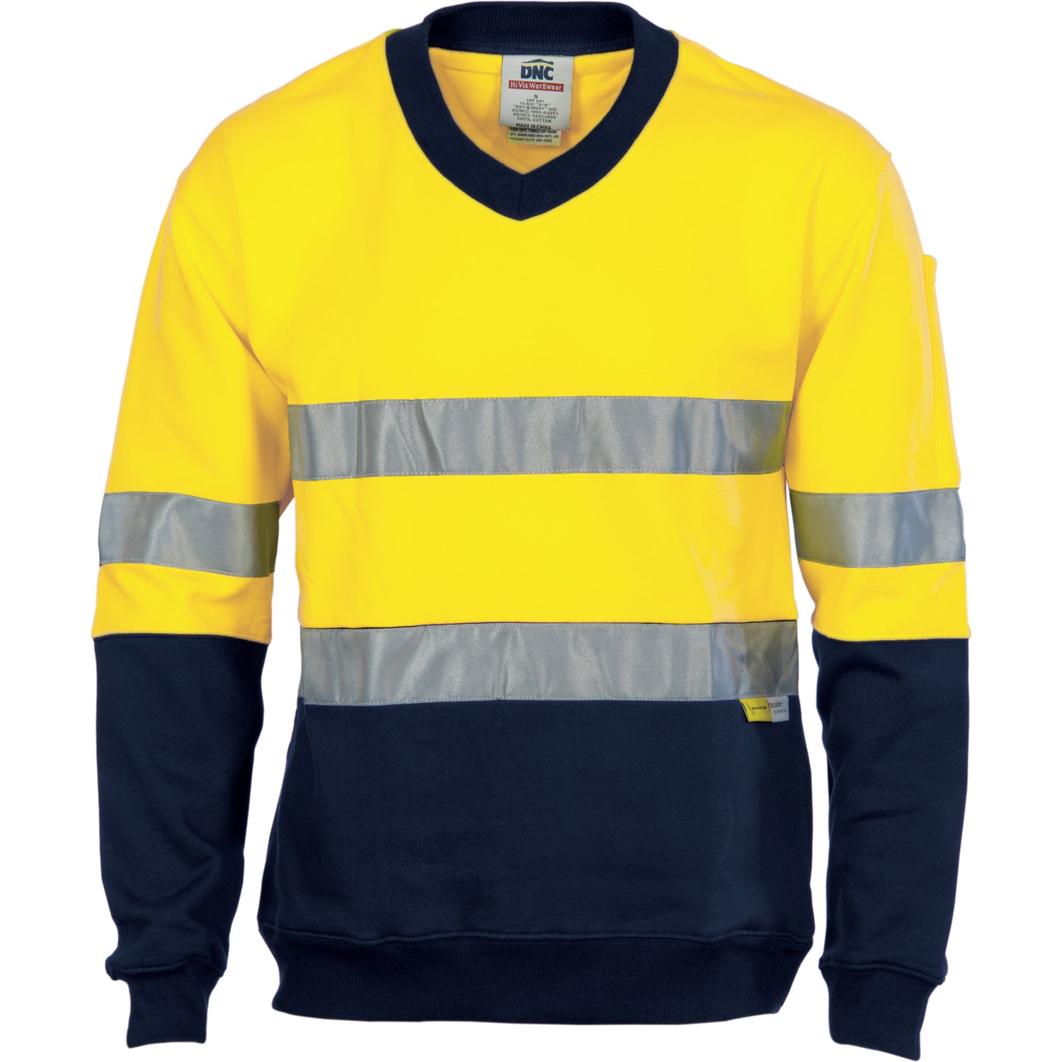 HiVis Two Tone Cotton Fleecy Sweatshirt V-Neck with CSR R/Tape - Yellow/Navy