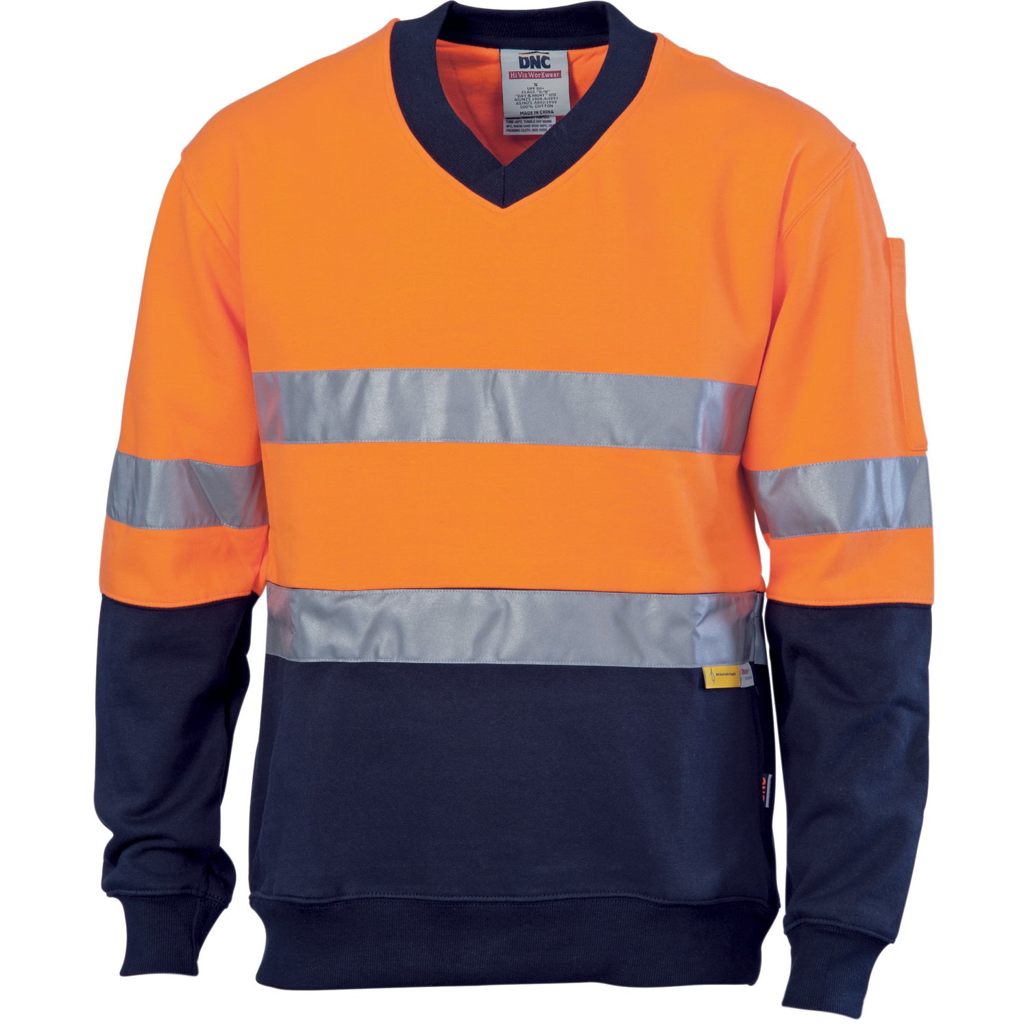 HiVis Two Tone Cotton Fleecy Sweatshirt V-Neck with CSR R/Tape - Orange/Navy