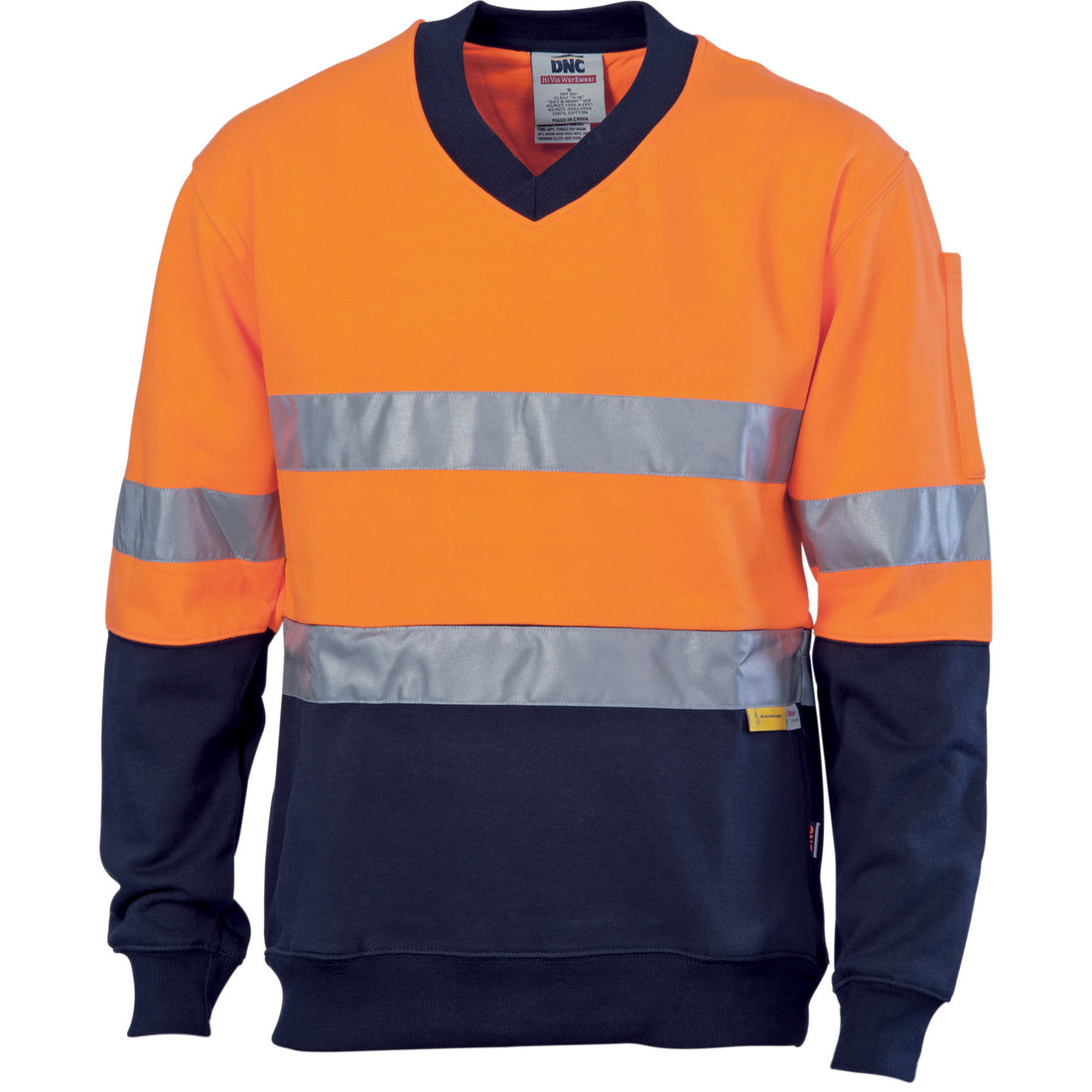 HiVis Two Tone Cotton Fleecy Sweatshirt V-Neck with CSR R/Tape - Orange/Navy