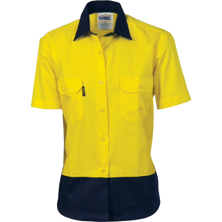 Ladies HiVis Two Tone Cotton Drill Shirt - Short Sleeve - Yellow/Navy