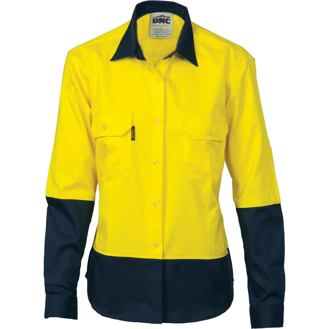Ladies HiVis Two Tone Cotton Drill Shirt - Long Sleeve - Yellow/Navy