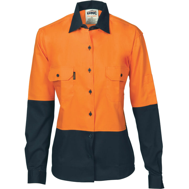 Ladies HiVis Two Tone Cotton Drill Shirt - Long Sleeve - Orange/Navy