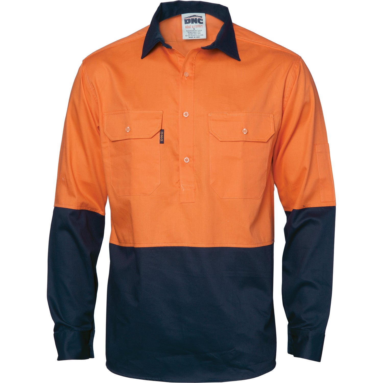 HiVis 2 Tone Cool-Breeze Close Front Cotton Shirt - Long Sleeve - Orange/Navy