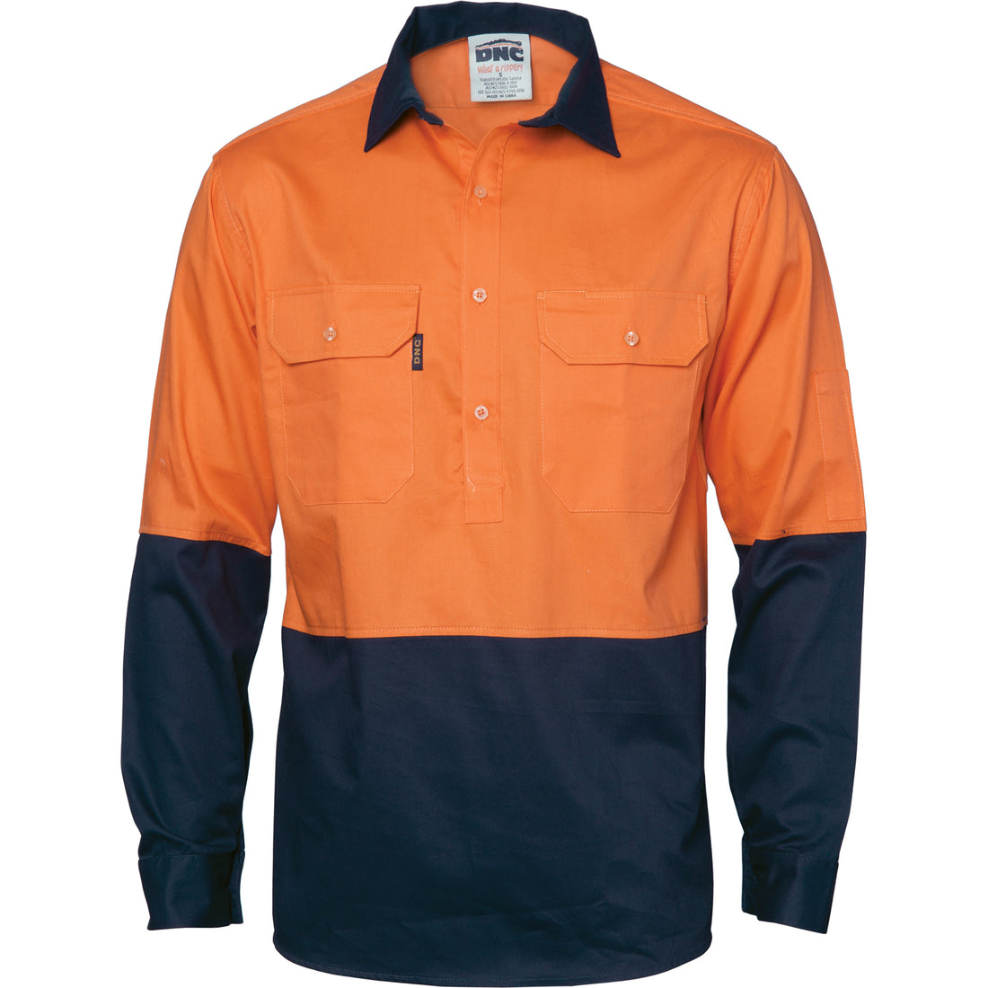 HiVis 2 Tone Cool-Breeze Close Front Cotton Shirt - Long Sleeve - Orange/Navy