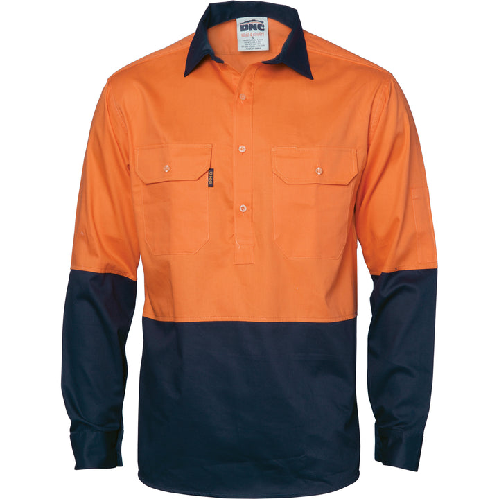 HiVis 2 Tone Cool-Breeze Close Front Cotton Shirt - Long Sleeve - Orange/Navy
