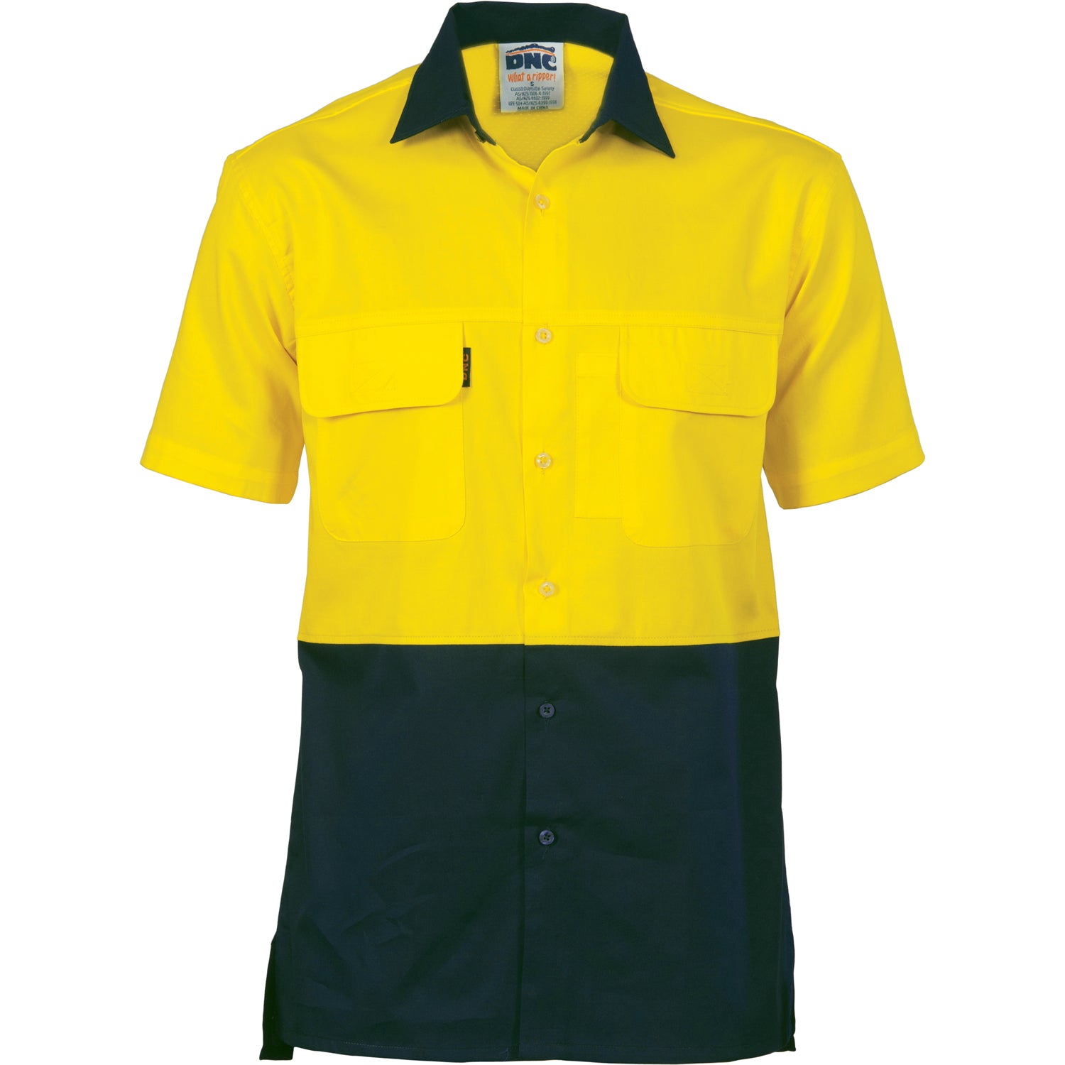 HiVis 3 Way Cool-Breeze Cotton Shirt - Short Sleeve - Yellow/Navy