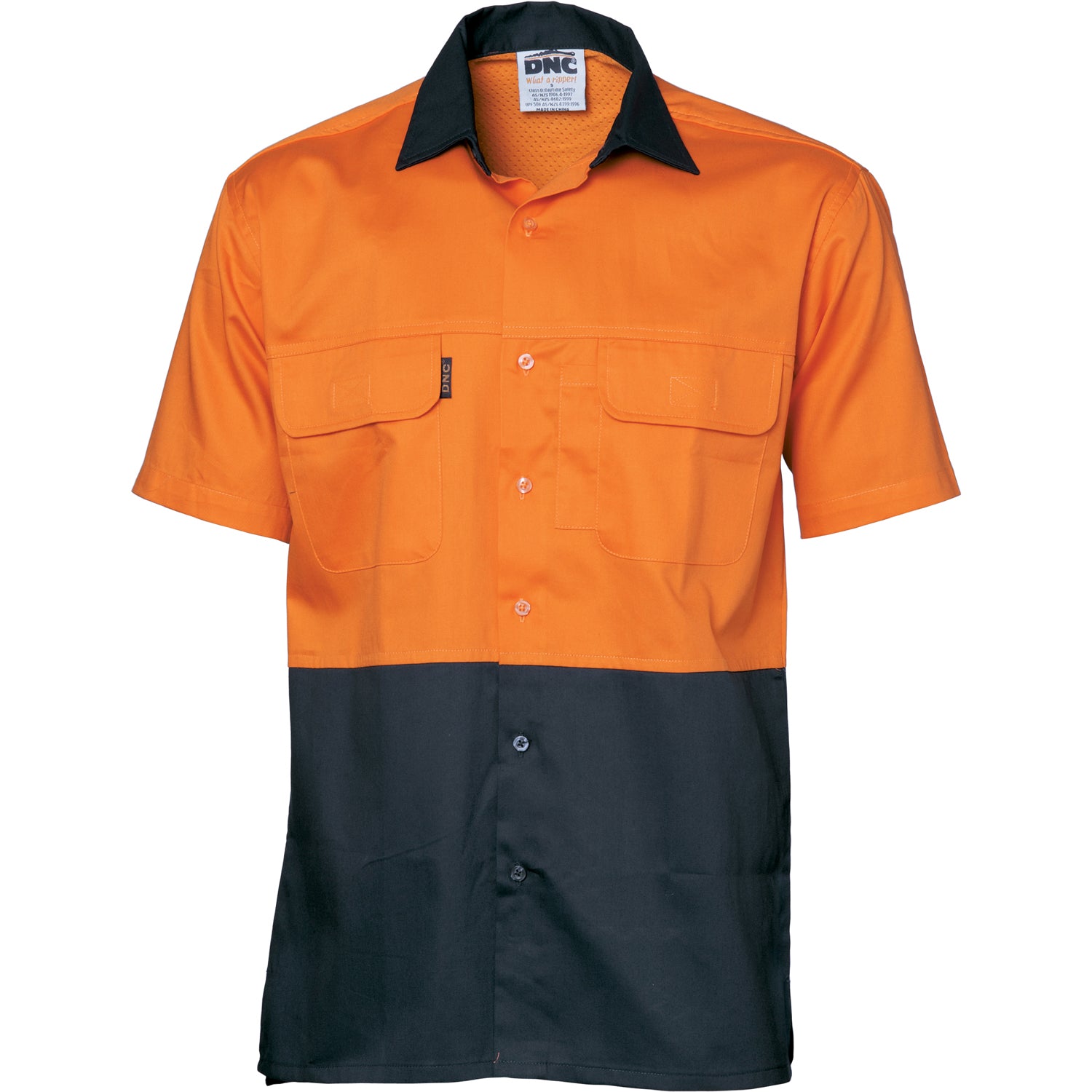 HiVis 3 Way Cool-Breeze Cotton Shirt - Short Sleeve - Orange/Navy