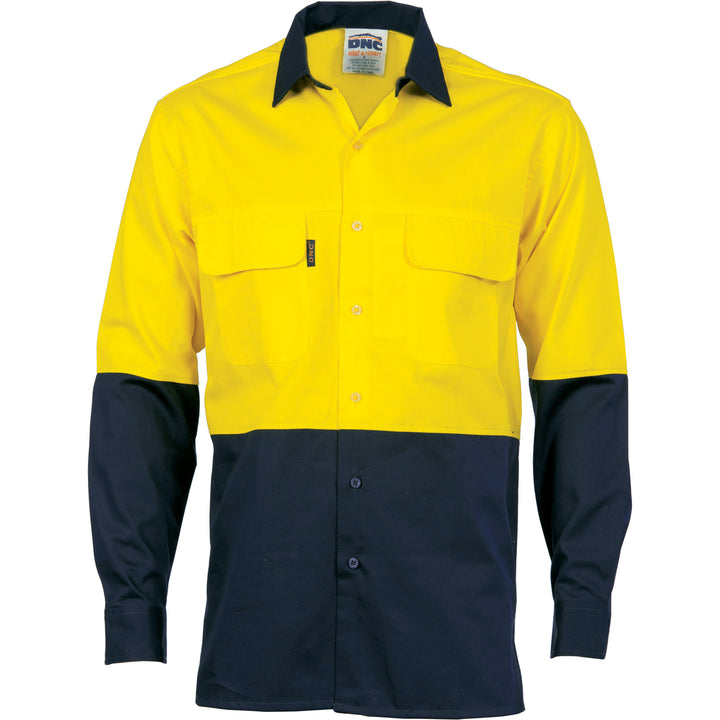 HiVis 3 Way Cool-Breeze Cotton Shirt - Long Sleeve - Yellow/Navy