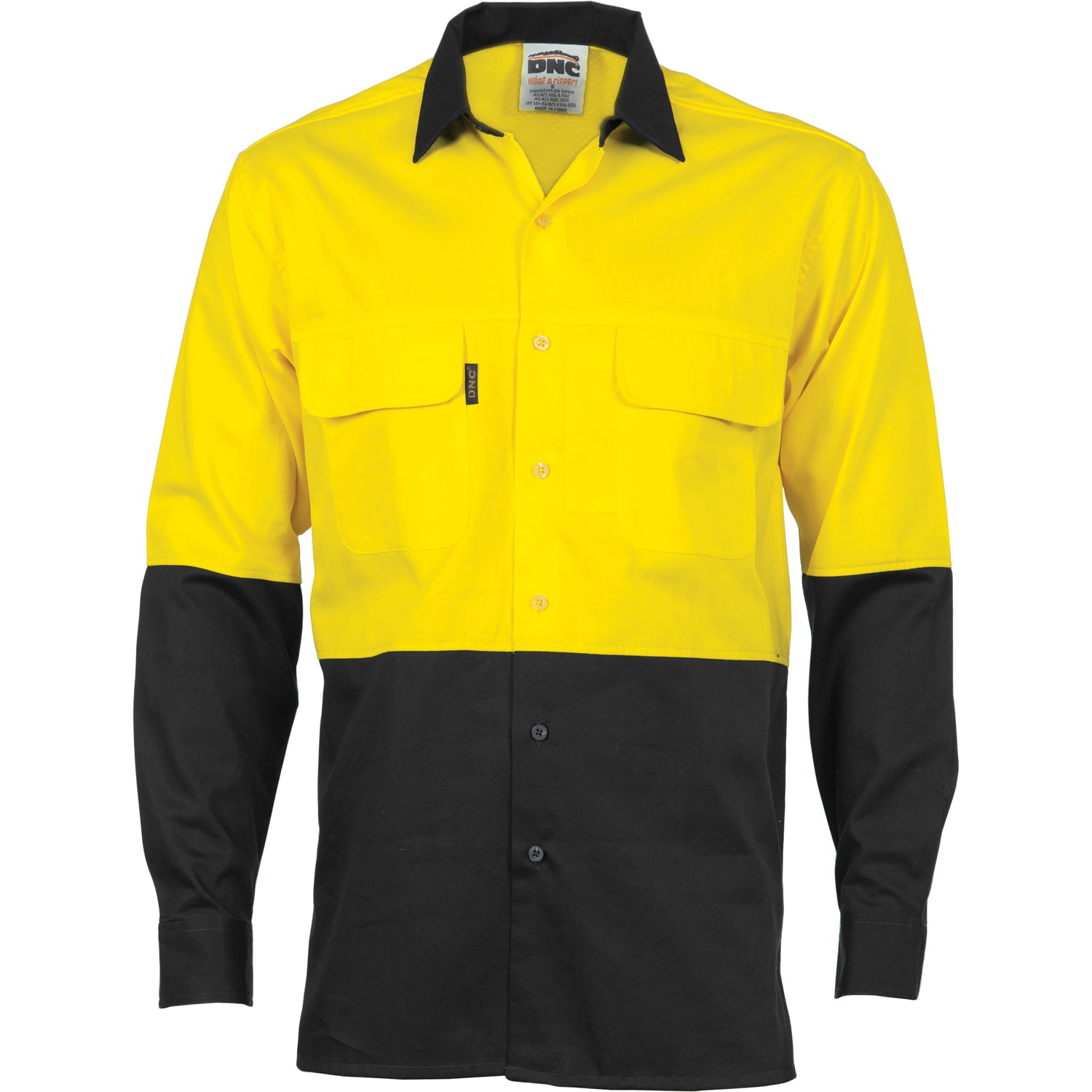 HiVis 3 Way Cool-Breeze Cotton Shirt - Long Sleeve - Yellow/Black