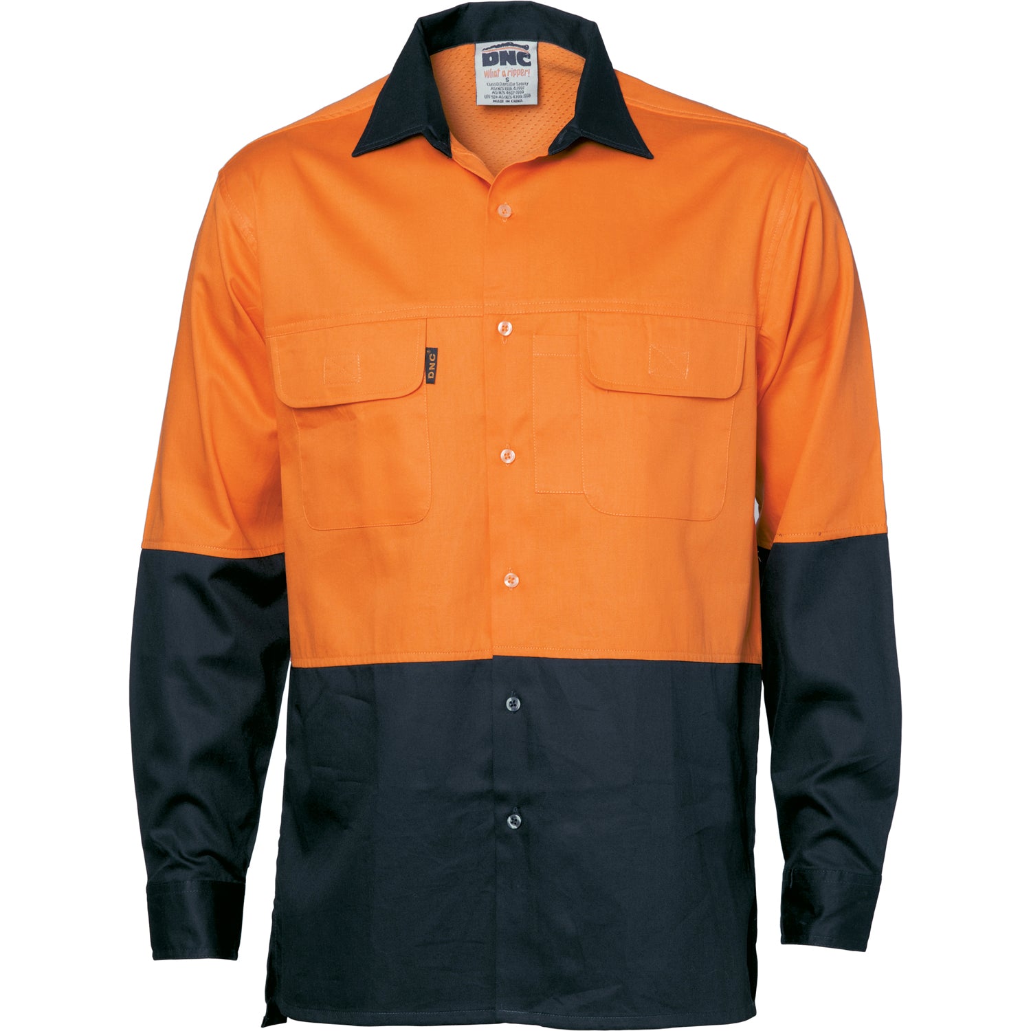 HiVis 3 Way Cool-Breeze Cotton Shirt - Long Sleeve - Orange/Navy