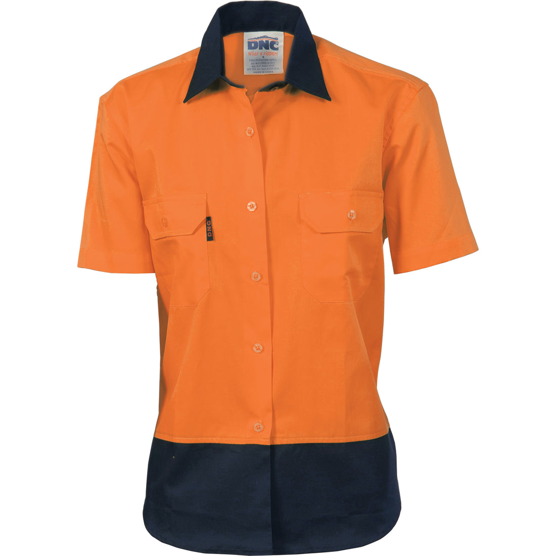 Ladies HiVis Two Tone Cool-Breeze Cotton Shirt - Short Sleeve - Orange/Navy