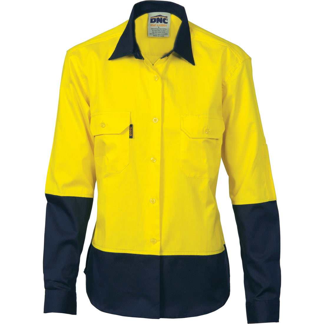 Ladies HiVis Two Tone Cool-Breeze Cotton Shirt - Long Sleeve - Yellow/Navy