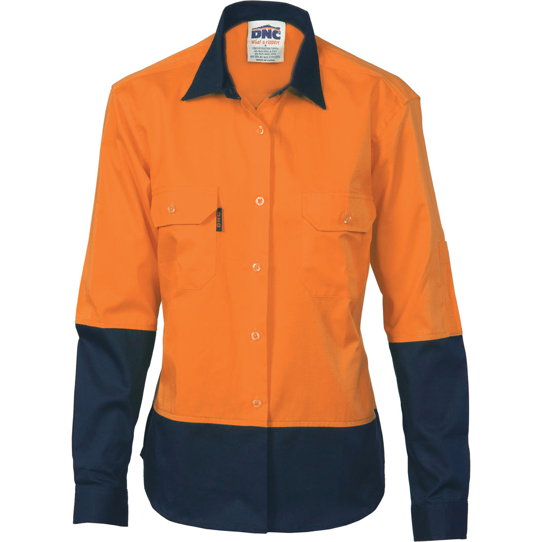 Ladies HiVis Two Tone Cool-Breeze Cotton Shirt - Long Sleeve - Orange/Navy