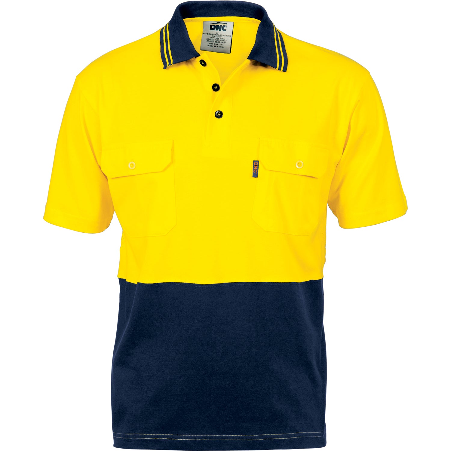 HiVis Cool-Breeze Two Tone Cotton Jersey Polo Shirt with Twin Chest Pocket - S/S - Yellow/Navy