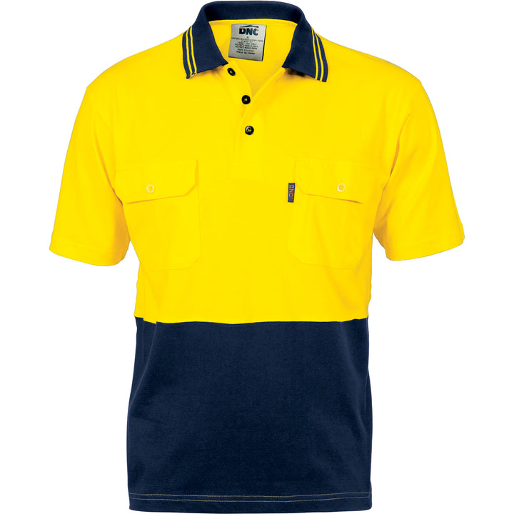 HiVis Cool-Breeze Two Tone Cotton Jersey Polo Shirt with Twin Chest Pocket - S/S - Yellow/Navy