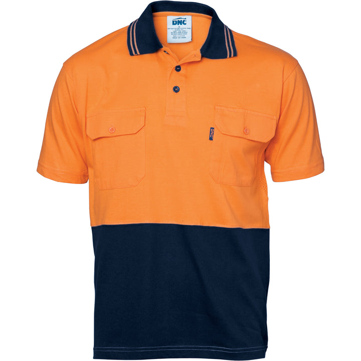 HiVis Cool-Breeze Two Tone Cotton Jersey Polo Shirt with Twin Chest Pocket - S/S - Orange/Navy