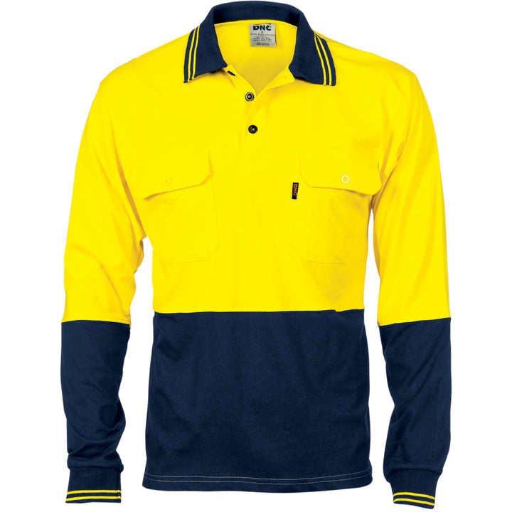 HiVis Cool-Breeze Two Tone Cotton Jersey Polo Shirt with Twin Chest Pocket - L/S - Yellow/Navy