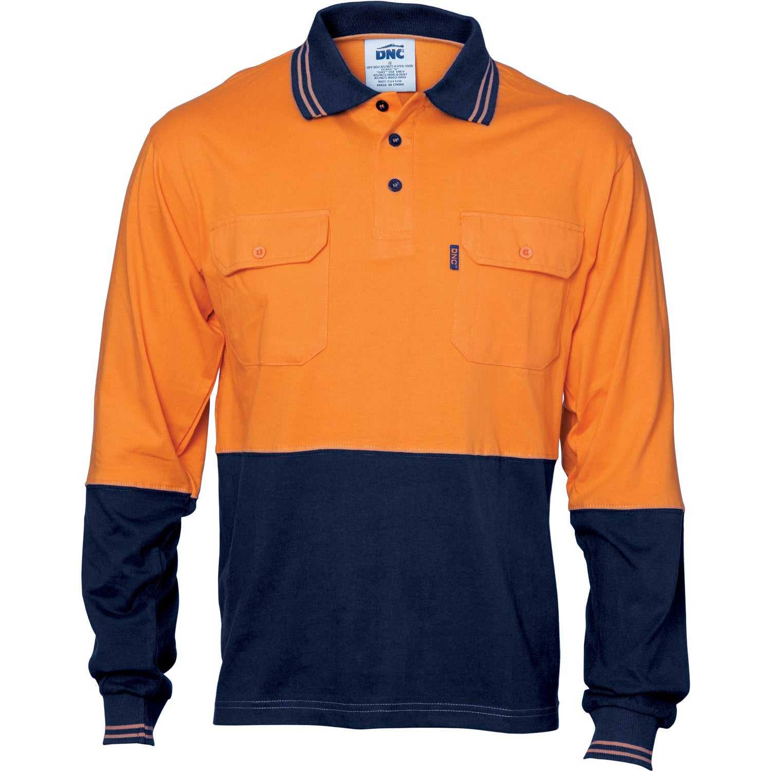 HiVis Cool-Breeze Two Tone Cotton Jersey Polo Shirt with Twin Chest Pocket - L/S - Orange/Navy