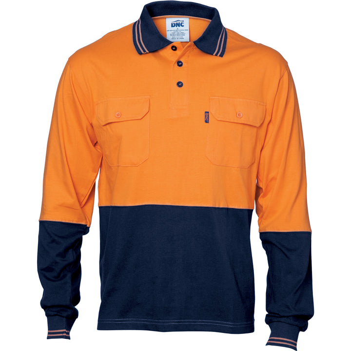 HiVis Cool-Breeze Two Tone Cotton Jersey Polo Shirt with Twin Chest Pocket - L/S - Orange/Navy